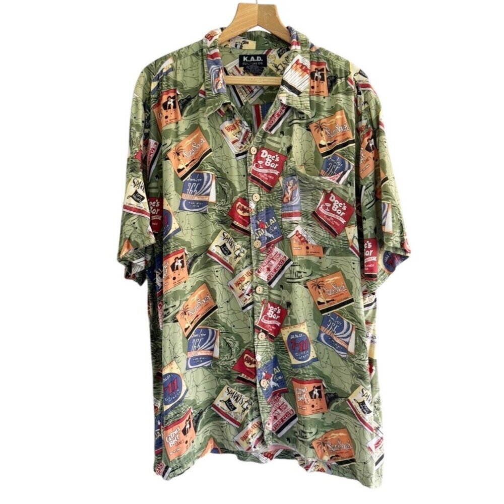 Vintage K.A.D. Men's Sz XL Green Button Up Camp Hawaiian Bowling Print Shirt